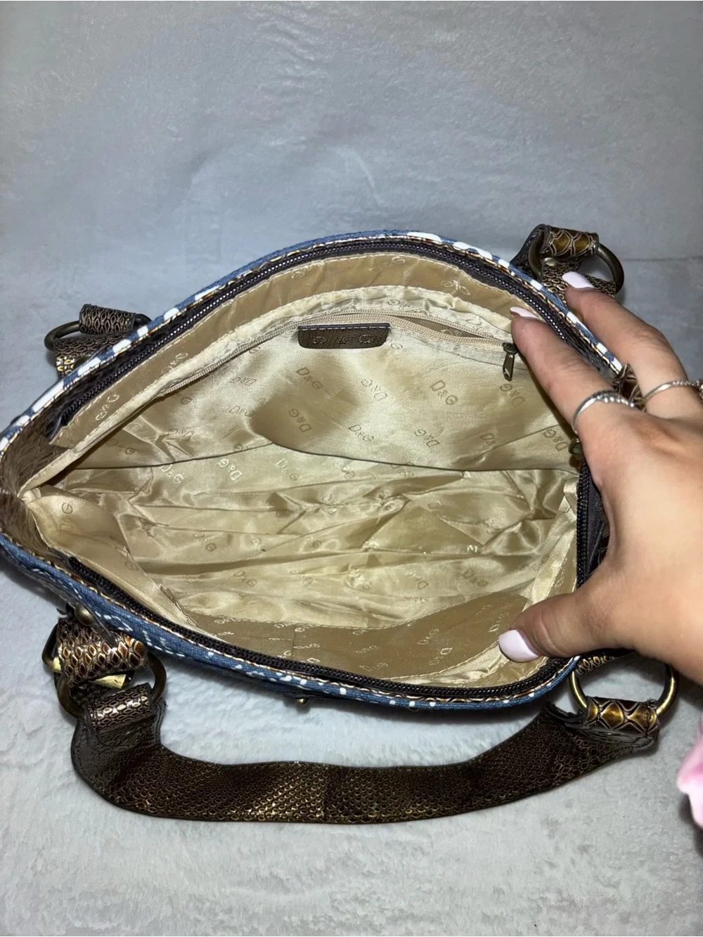 D&G Blue and White Logo Canvas Shoulder Bag with Brown Trim